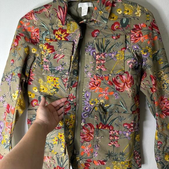 H&M Women's 4 Jacket Floral‎ Cargo Utility Cotton Canvas Full Zip EUC - Picture 3 of 5